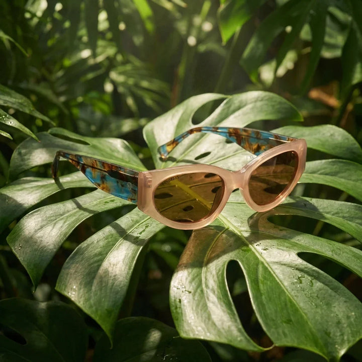 Milán lentes de sol champagne dorado de frente con madera natural #editorial_grid2 #color_champagne