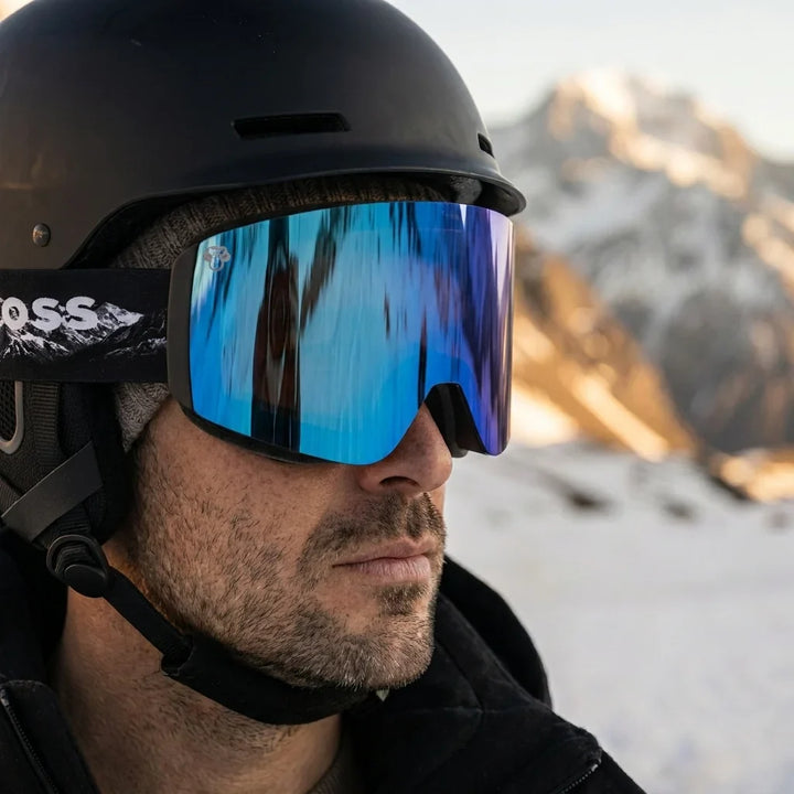 Bonoboss Antiparra Magnet Powder Talla L Azul - close-up casco antiparras puestas #editorial_lifestyle2 #color_azul