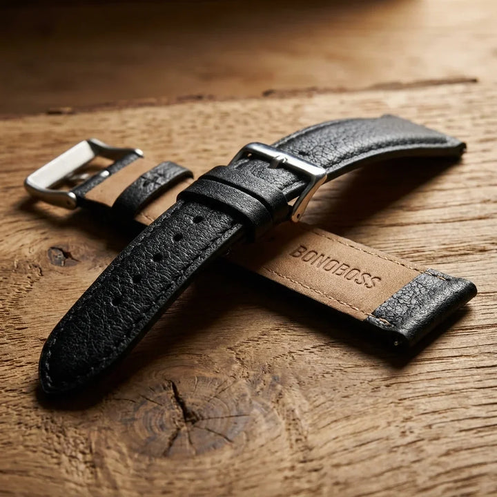 Bonoboss Correa Cuero Premium 22mm Black - macro textura material natural (v2) #editorial_ctx_macro_texture_v2 #color_black
