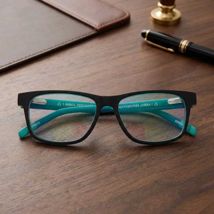 Lentes ópticos Canelo Calipso sobre escritorio de madera premium armazón premium Bonoboss #editorial_armazon #color_calipso