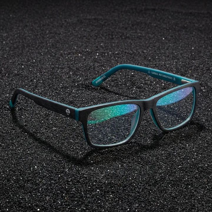 Lentes ópticos Canelo 3 Azul sobre superficie premium diseño sustentable Bonoboss #editorial_sustentabilidad #color_azul