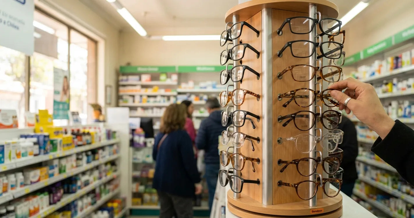 Lentes de lectura farmacia Chile exhibidor con opciones de aumento en cadena farmaceutica