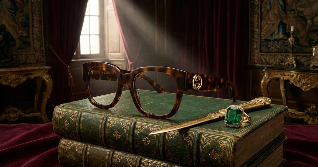 lentes ópticos Gucci modelos 2026 exhibición de producto con estilo maximalismo fotografía editorial profesional para guía de compra Chile