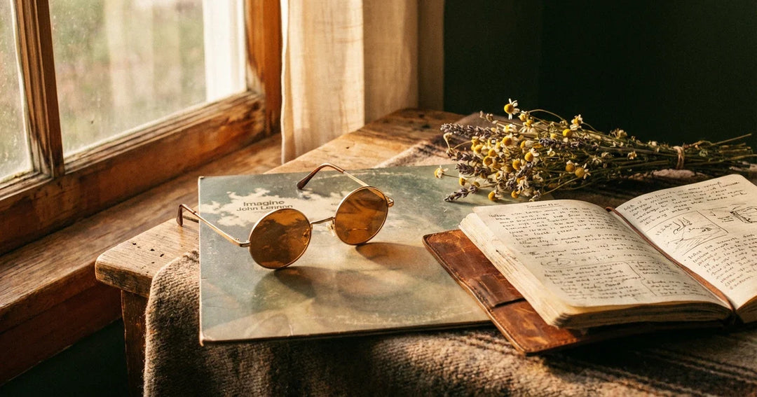 lentes de sol redondos modelos 2026 exhibición de producto con estilo retro fotografía editorial profesional