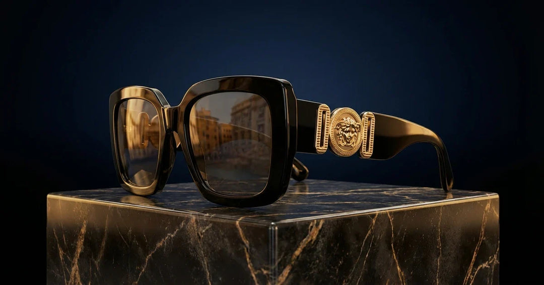 Lentes de sol Versace con el icónico logo Medusa dorado sobre fondo elegante - colección lujo italiano 2026