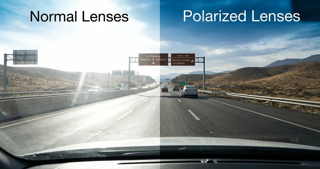 Comparación visual entre lentes de sol polarizados y lentes normales mostrando diferencia de claridad y reflejo