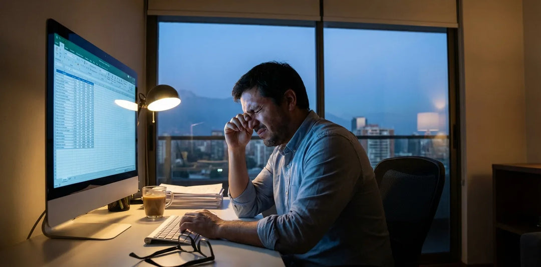 Persona frente a pantalla computador con fatiga visual síndrome visual informático iluminación oficina Chile