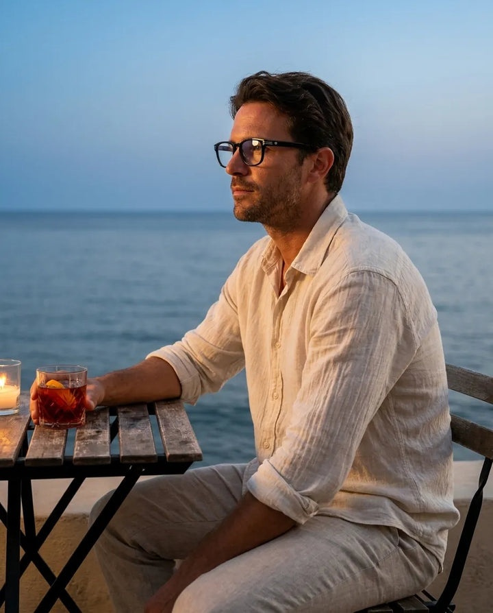 Bonoboss Dylan Negro - modelo hombre aperitivo atardecer terraza blue hour #editorial_lifestyle2 #color_negro