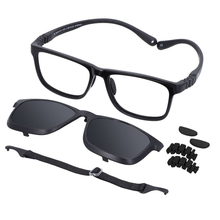 marcos opticos armazones para niños y niñas con clip polarizado de color negro con repuestos de las bisagras y los nosepads. Se ve también en la parte inferior de la fotografía un colgante de lentes de color negro. El armazon es de forma rectangular para adolescentes de cara redonda vista angulada #color_negro
