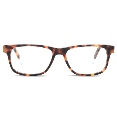 armazones o marcos ópticos de material sustentable reciclado ecológico de forma rectangular de color carey para hombre y mujer de cara redonda