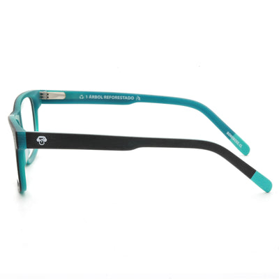 vista frontal de armazones o marcos opticos de material sustentable reciclado ecologico de forma rectangular de color darkblue para hombre y mujer de cara redonda