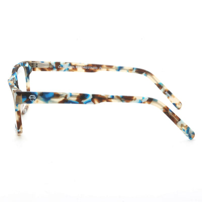 armazones o marcos ópticos de material sustentable reciclado ecológico de forma rectangular de color azul para hombre y mujer de cara redonda