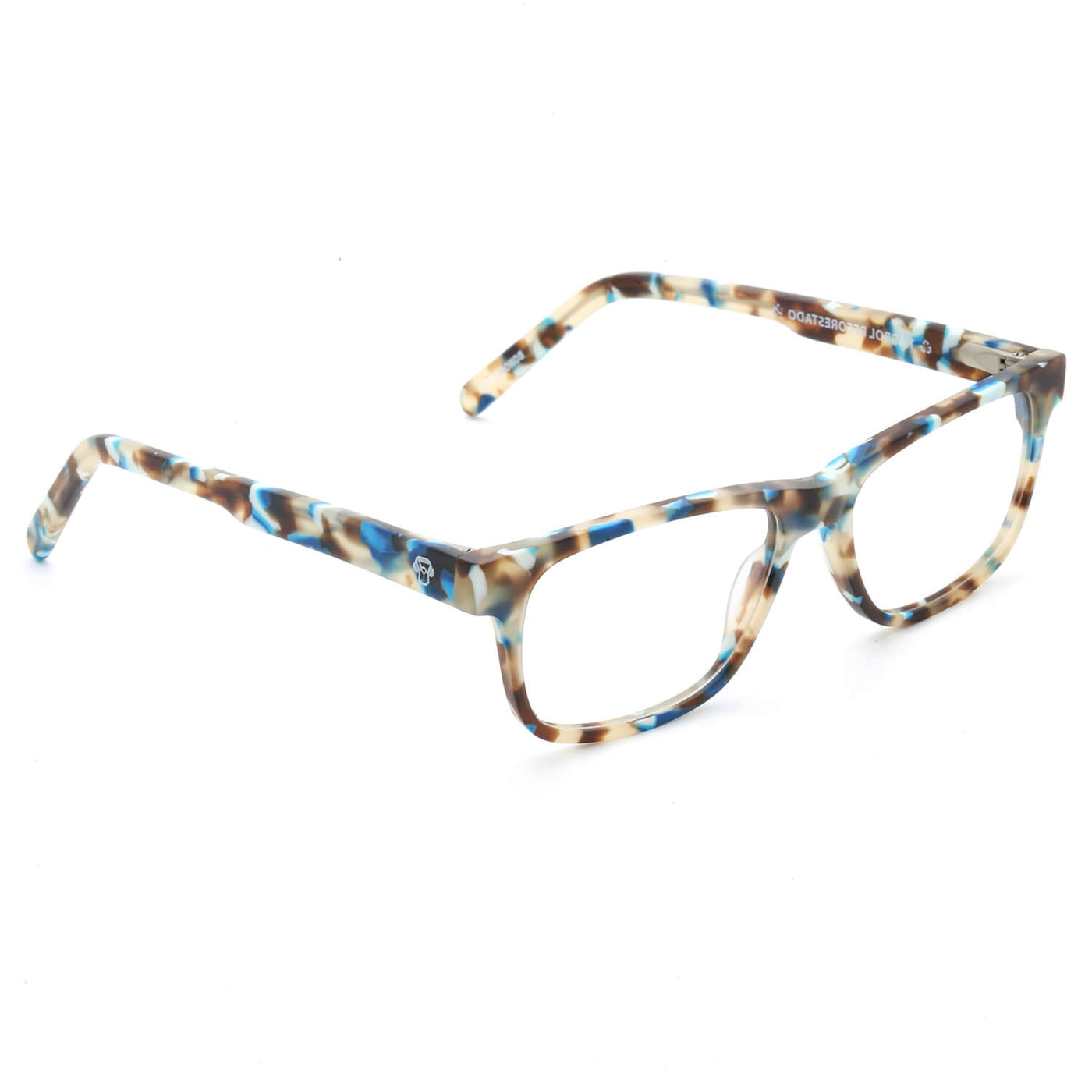 armazones o marcos ópticos de material sustentable reciclado ecológico de forma rectangular de color azul para hombre y mujer de cara redonda