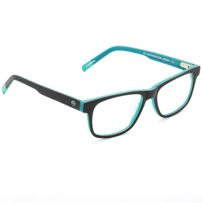 vista frontal de armazones o marcos opticos de material sustentable reciclado ecologico de forma rectangular de color darkblue para hombre y mujer de cara redonda