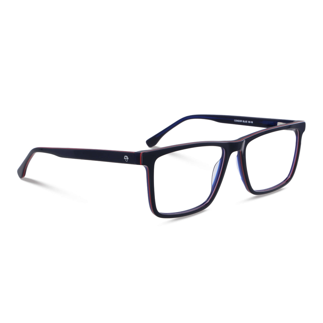 anteojos opticos rectangulares vista angulada de color azul con borde rojo y azul para hombre #color_azul