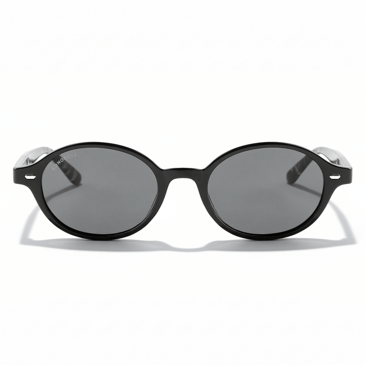 vista frontal de lentes de sol ovalados color negro con lentes negros. Lentes ovalados retro de moda para hombre y mujer #color_black