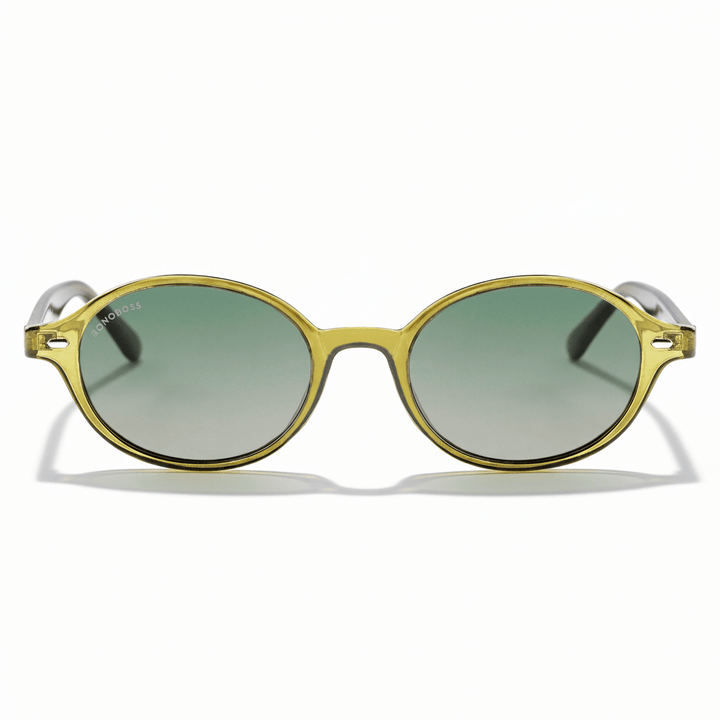 vista frontal gafas de sol polarizadas ovaladas color oliva con lentes de color degrade oliva modelo Capri de Bonoboss. Anteojos ovalados retro de moda para hombre y mujer #color_olive-light