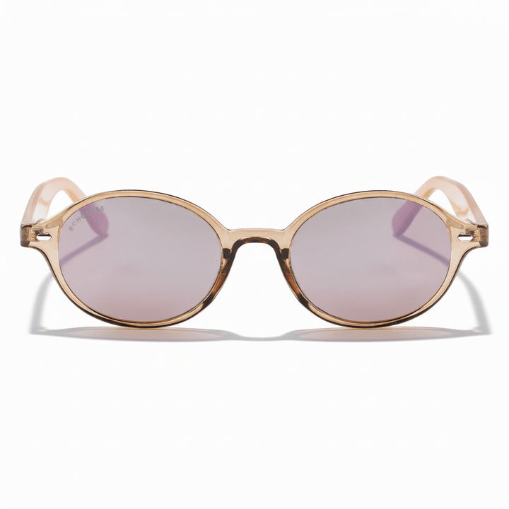 vista frontal gafas de sol polarizadas ovaladas color champagne con lentes de color rosado espejado modelo Capri de Bonoboss. Anteojos ovalados retro de moda para hombre y mujer #color_rose
