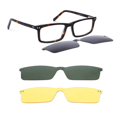 armazones rectangulares de color carey con imanes de sol o clips polarizados para hombre y mujer