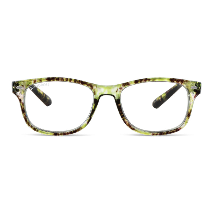 Rapa Nui Green vista frontal de lentes de lectura ovalados para hombre y mujer con filtro de luz azul para las pantallas
