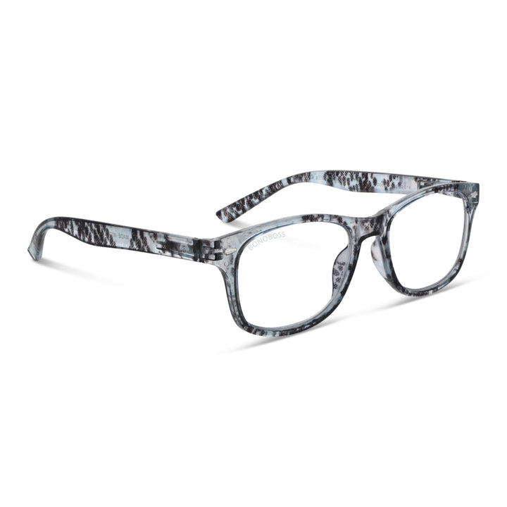 Rapa Nui Gray vista angulada de lentes de lectura ovalados para hombre y mujer con filtro de luz azul para las pantallas)