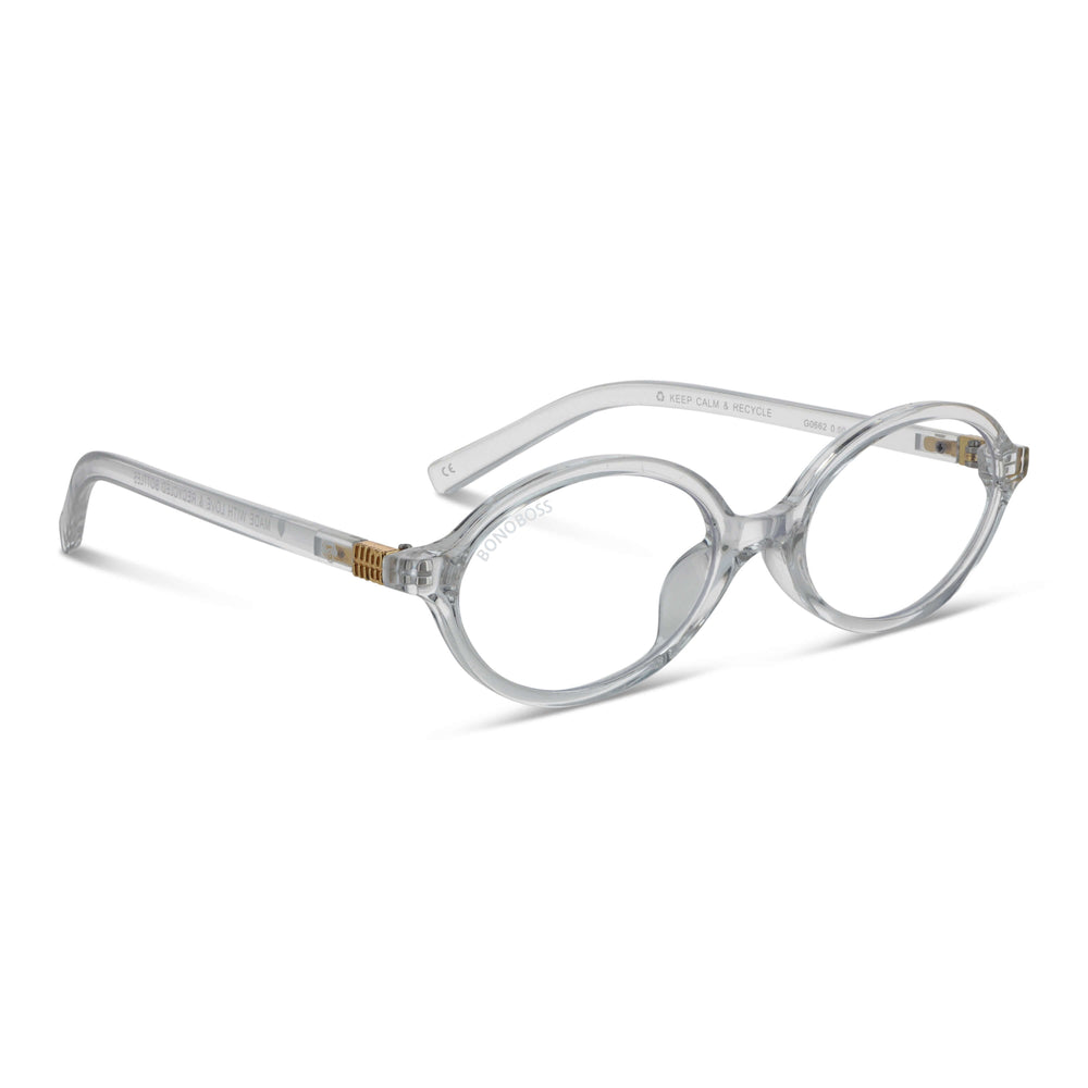 Blueberry Transparente vista angulada de lentes de lectura ovalados para mujer tipo miu miu con filtro de luz azul para las pantallas)