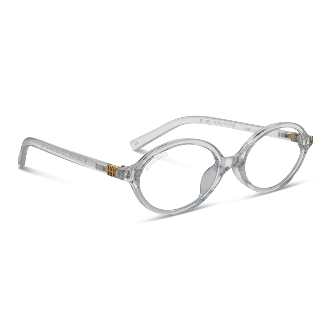 Blueberry Transparente vista angulada de lentes de lectura ovalados para mujer tipo miu miu con filtro de luz azul para las pantallas)