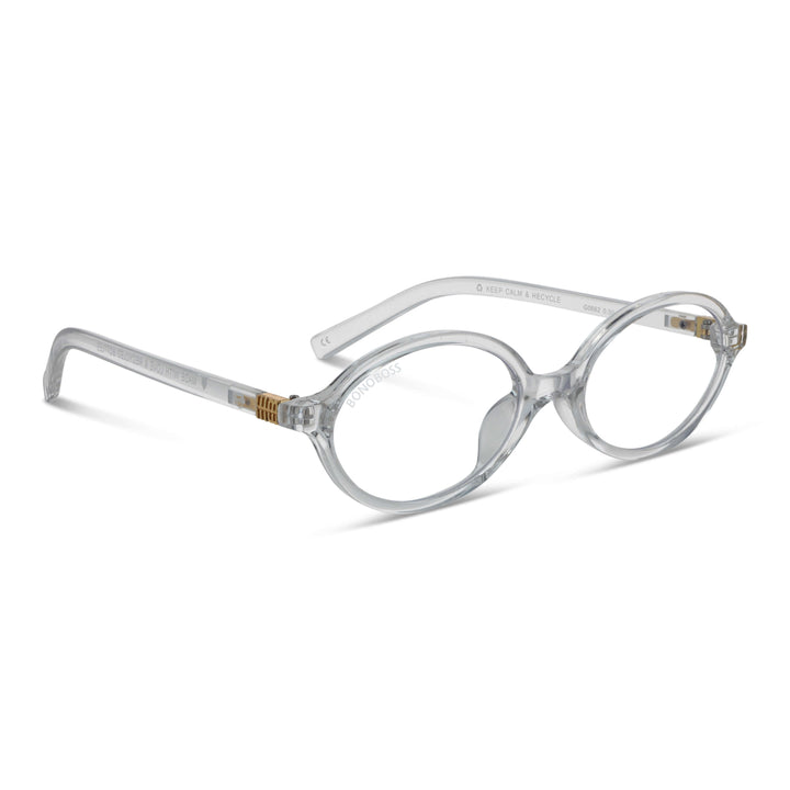 Blueberry Transparente vista angulada de lentes de lectura ovalados para mujer tipo miu miu con filtro de luz azul para las pantallas)