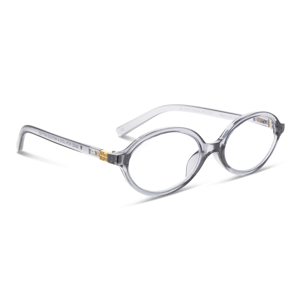 Blueberry Gris vista angulada de lentes de lectura ovalados para mujer tipo miu miu con filtro de luz azul para las pantallas)