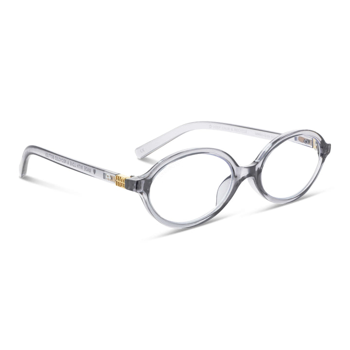 Blueberry Gris vista angulada de lentes de lectura ovalados para mujer tipo miu miu con filtro de luz azul para las pantallas)