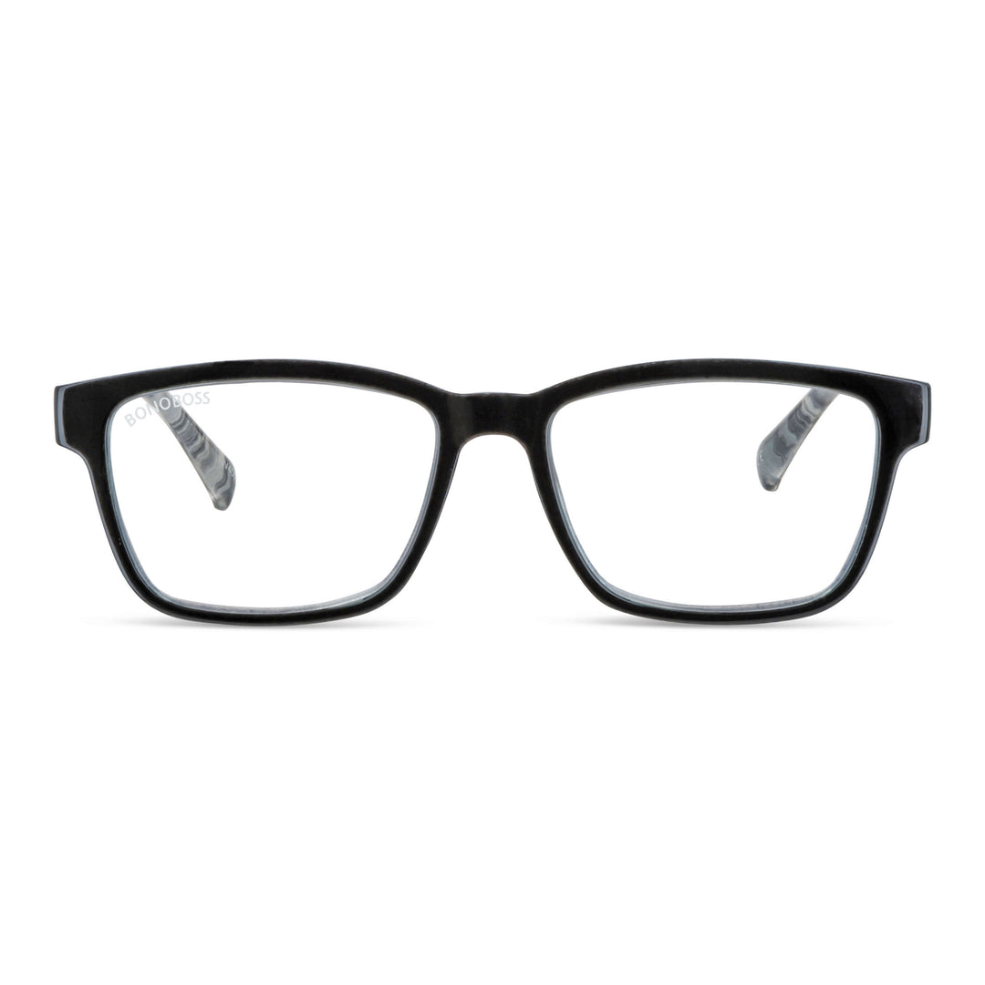 Lennox Island Black vista frontal de lentes de lectura ovalados para mujer y hombre con marco armazon de plastico reciclado y colores distintos con filtro de luz azul para las pantallas