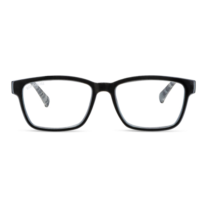 Lennox Island Black vista frontal de lentes de lectura ovalados para mujer y hombre con marco armazon de plastico reciclado y colores distintos con filtro de luz azul para las pantallas