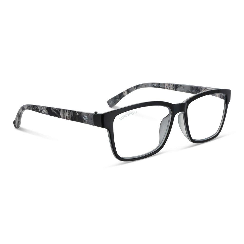 Lennox Island Black vista angulada de lentes de lectura ovalados para mujer y hombre con armazon de plastico reciclados y colores distintos exclusivos con filtro de luz azul para las pantallas)