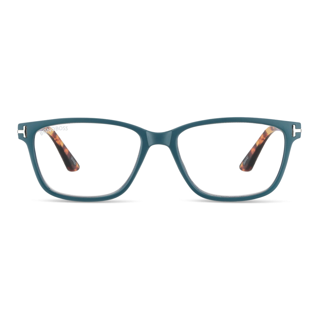 Puerto Williams Teal vista frontal de lentes de lectura ovalados para mujer y hombre con marco armazon de plastico reciclado y colores distintos con filtro de luz azul para las pantallas