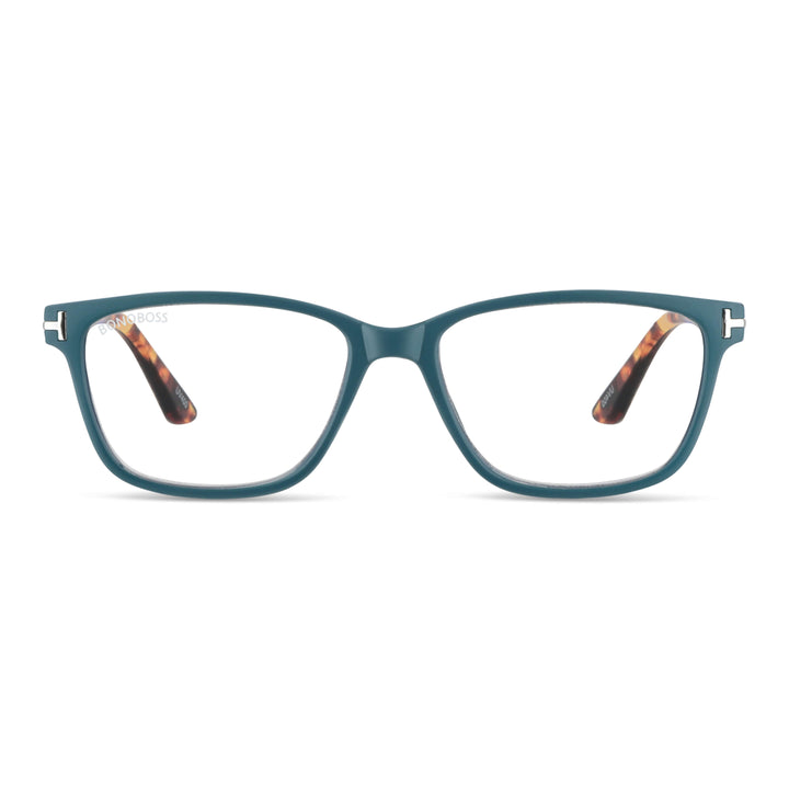 Puerto Williams Teal vista frontal de lentes de lectura ovalados para mujer y hombre con marco armazon de plastico reciclado y colores distintos con filtro de luz azul para las pantallas