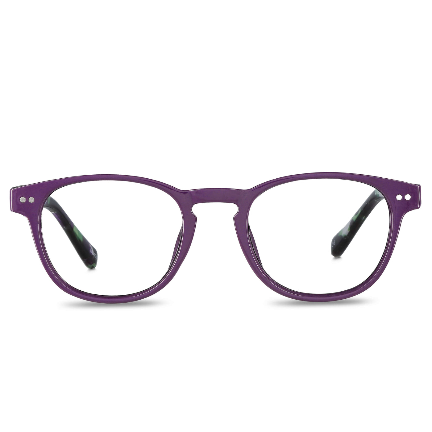 antejos de lectura redondos de color morado para hombre y mujer de cara con filtro de luz azul plastico reciclado lentes sustentables