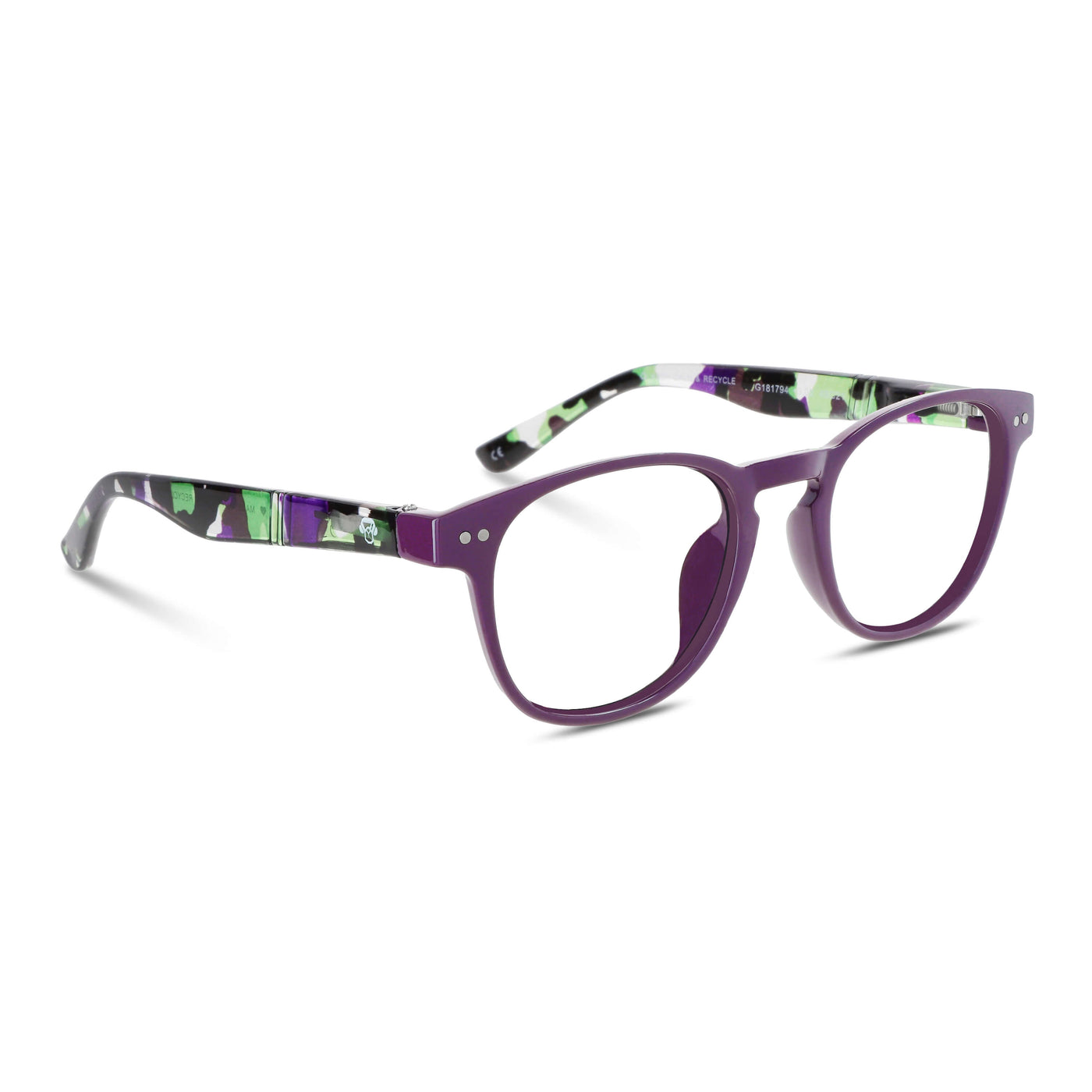 antejos de lectura redondos de color morado para hombre y mujer de cara con filtro de luz azul plastico reciclado lentes sustentables vista lateral