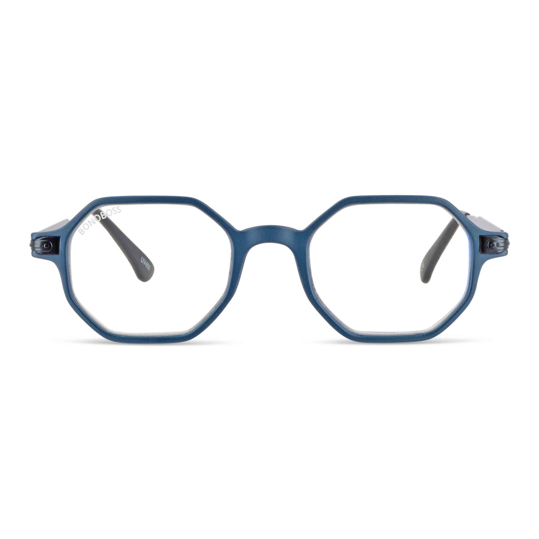 Puerto Octay Blue vista angulada anteojos gafas de lectura para leer de cerca de forma geometrica octagonales de color azul para hombre y mujer de cara redonda grande en plastico reciclado y lentes con filtro de luz azul