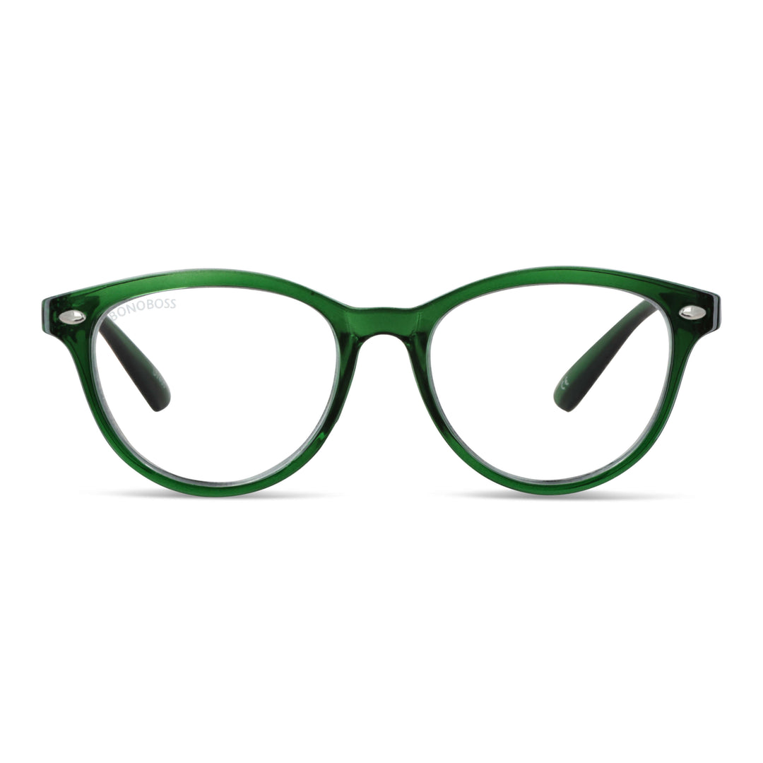 Beagle Channel Green vista frontal de anteojos de lectura presbicie leer agatados para mujer de cara redonda grande marco armazon de plastico reciclado y colores distintos con filtro de luz azul para las pantallas