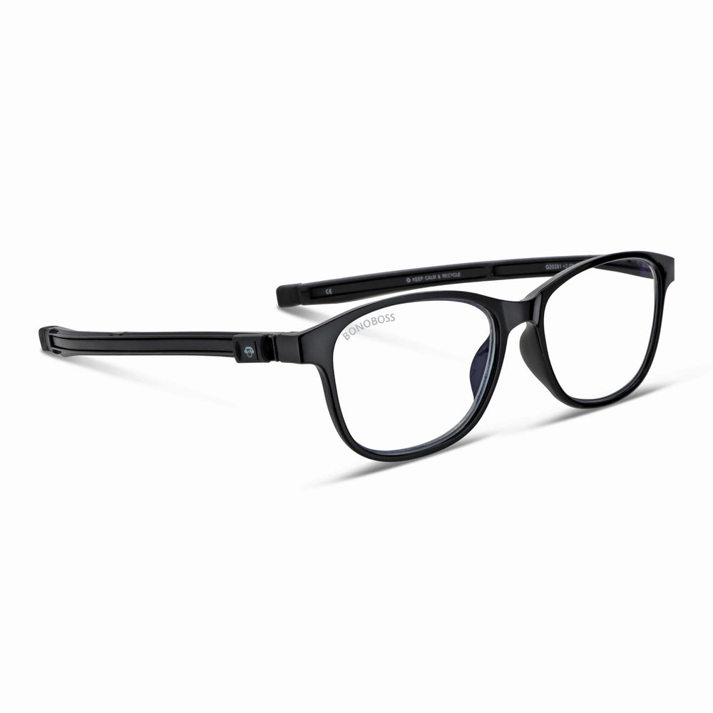 Slack Black vista angulada de lentes de lectura con colgante incorporado que cuelgan del cuello para hombre de cara redonda grande