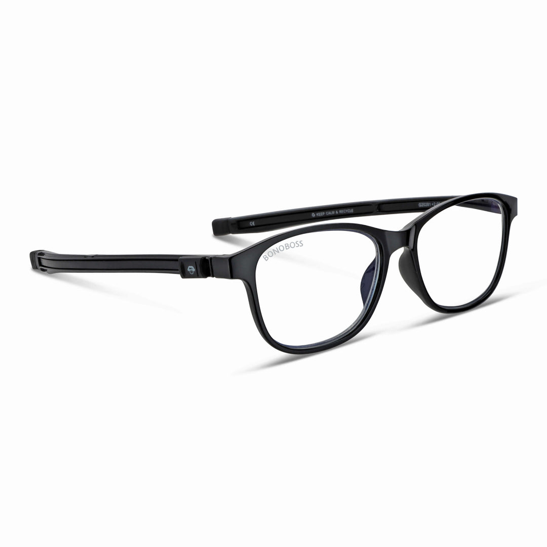 Slack Black vista angulada de lentes de lectura con colgante incorporado que cuelgan del cuello para hombre de cara redonda grande
