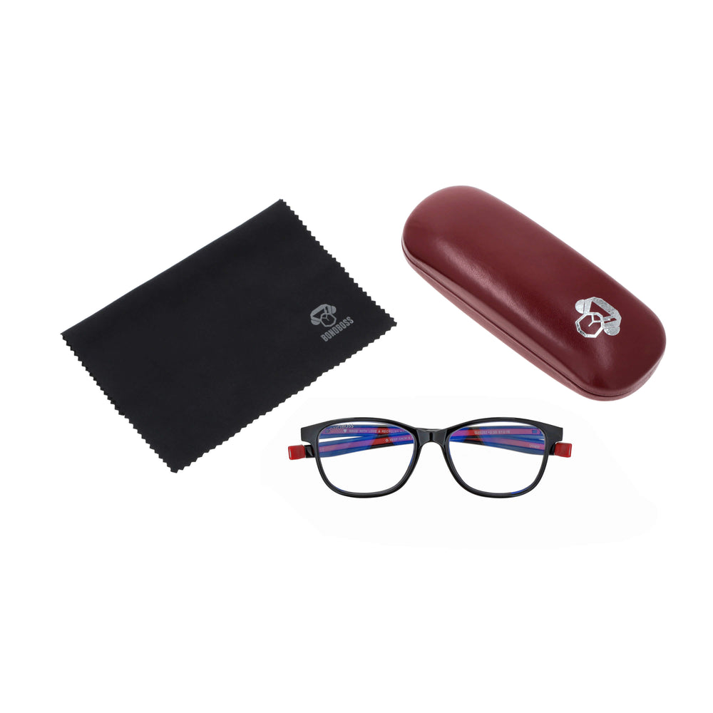 Slack Red vista desde arriba de lentes de lectura con colgante incorporado que cuelgan del cuello para hombre de cara redonda grande con estuche y paño