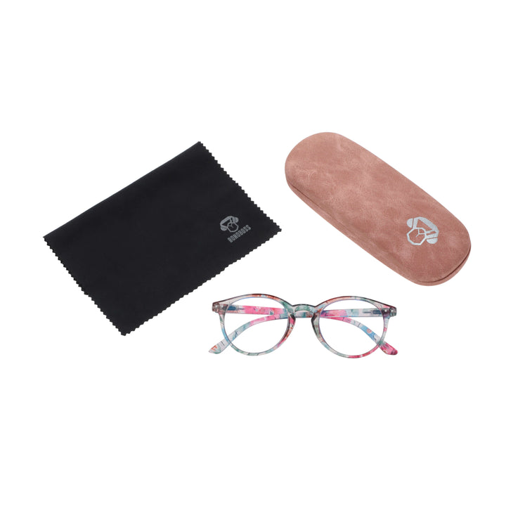 Gordon Island Floral vista desde arriba de lentes de presbicia de lectura de cerca para ver redondos para mujer y hombre marco de plastico reciclado de colores con filtro de luz azul para las pantallas con estuche rigido tipo almeja y paño de limpieza