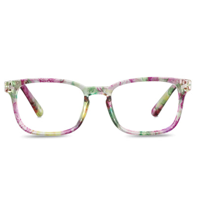 lentes de lectura para mujer con anti reflejo y filtro de luz azul de color verde rosado fucsia de forma redonda. Anteojos de lectura para mujer de cara redonda y ovalada vista frontal