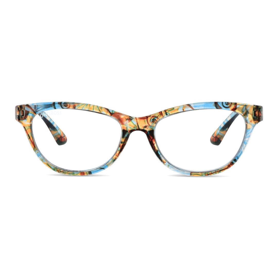 modelo Alice de Bonoboss anteojos gafas de lectura con filtro de luz azul de plastico reciclado en una vista angulada sobre fondo blanco. lentes de color transparente y marco azul.