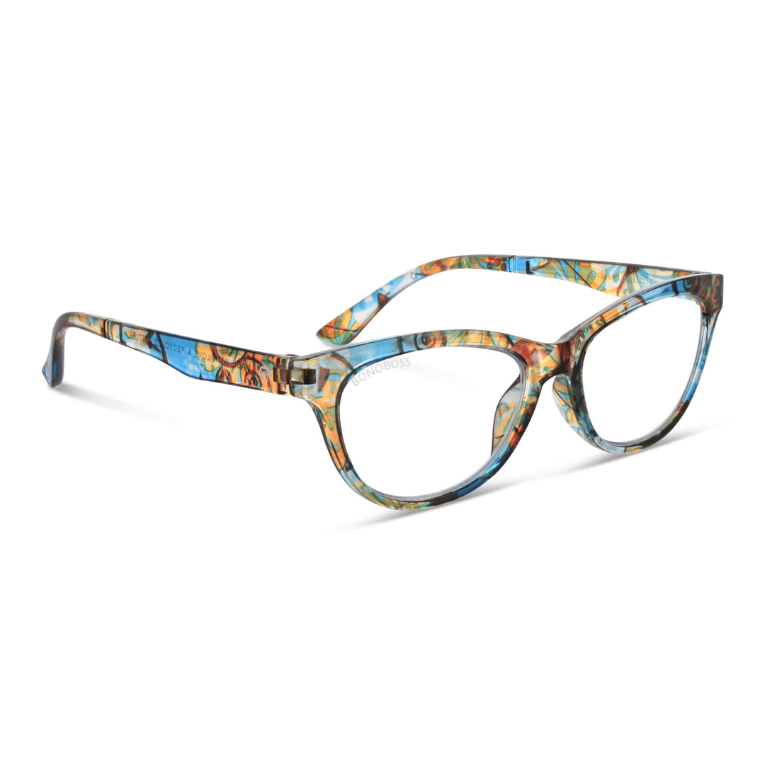 vista frontal de lentes agatados para mujer de cara redonda grande de color azul con lentes de filtro azul