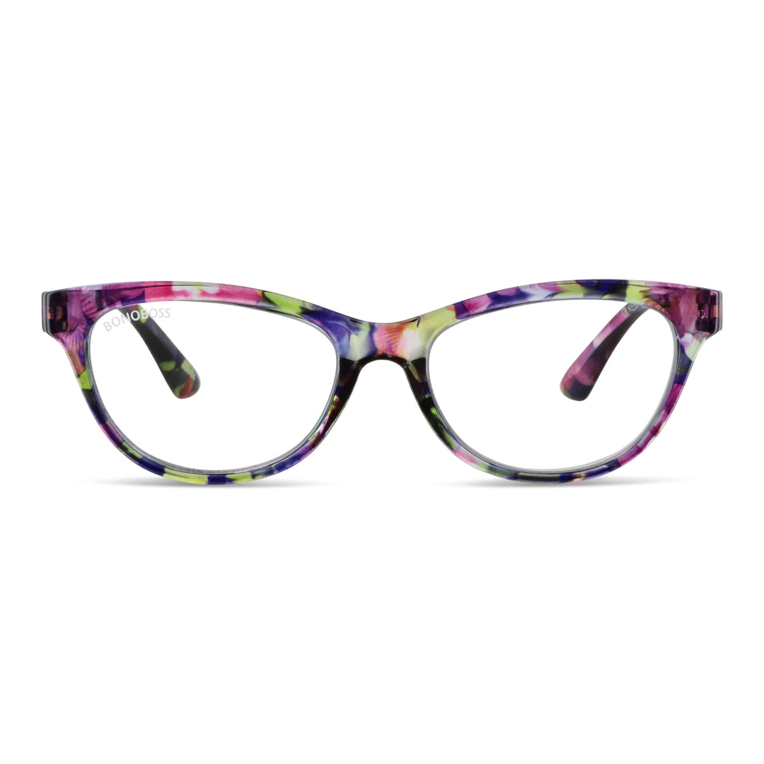Alice Skittles vista frontal de lentes de lectura agatados para mujer de cara redonda grande