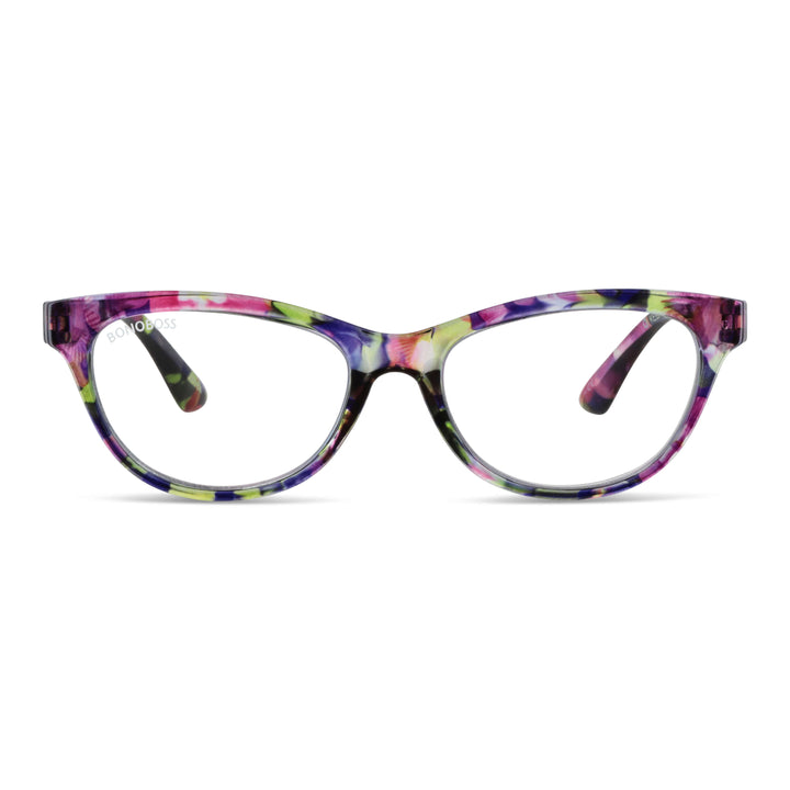 Alice Skittles vista frontal de lentes de lectura agatados para mujer de cara redonda grande