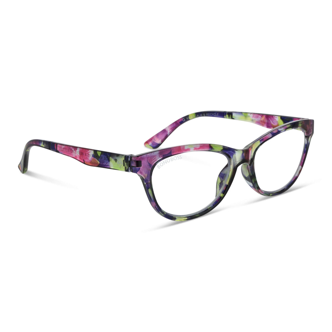 Alice Skittles vista angulada de lentes de lectura multicolor de forma agatada para mujer de cara redonda grande