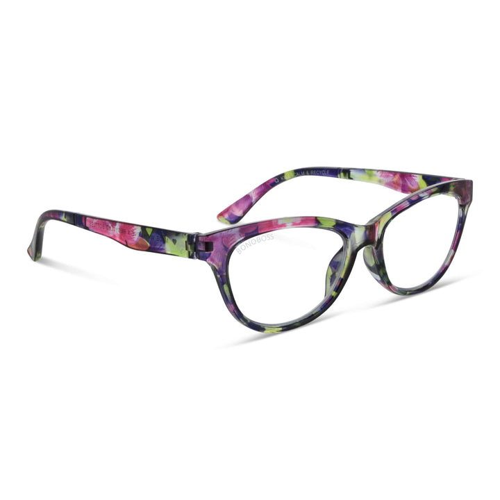 Alice Skittles vista angulada de lentes de lectura multicolor de forma agatada para mujer de cara redonda grande